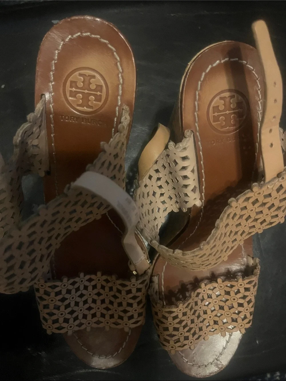 Tory Burch Tan Floral Laser-Cut Cork Wedge Sandals